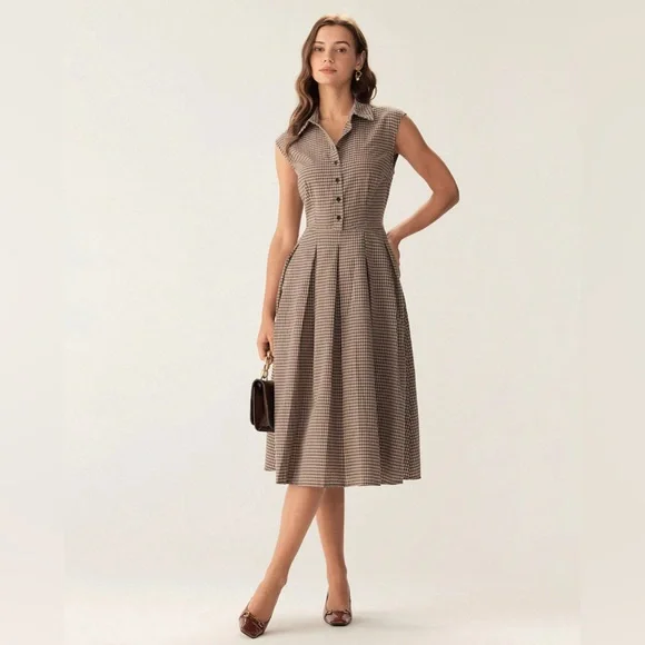 Rihoas Brown Plaid Button Pleated Midi Dress NWT - Picture 3 of 8